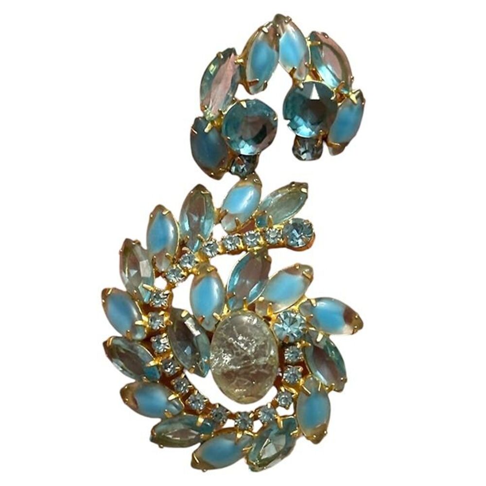 Mid-Century Juliana D&E Givre Blue Navette Stones Brooch & Clip On Earrings Set